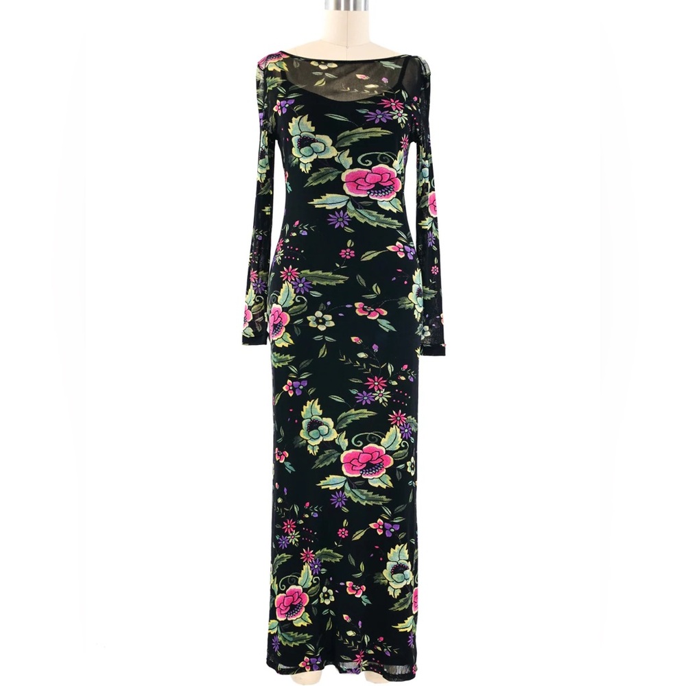 RARE Vivienne Tam Floral Mesh Maxi Dress Cache Runway Longsleeve Authentic Vtg